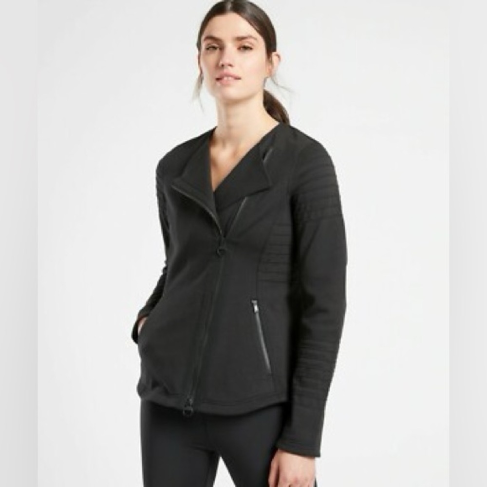 Athleta black moto jacket fleece zip pockets size XL EUC